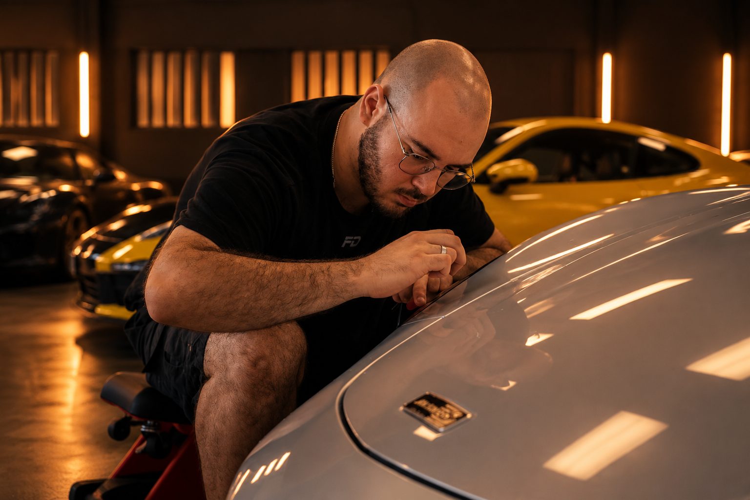 Polimento cuidado da pintura de um automóvel de luxo