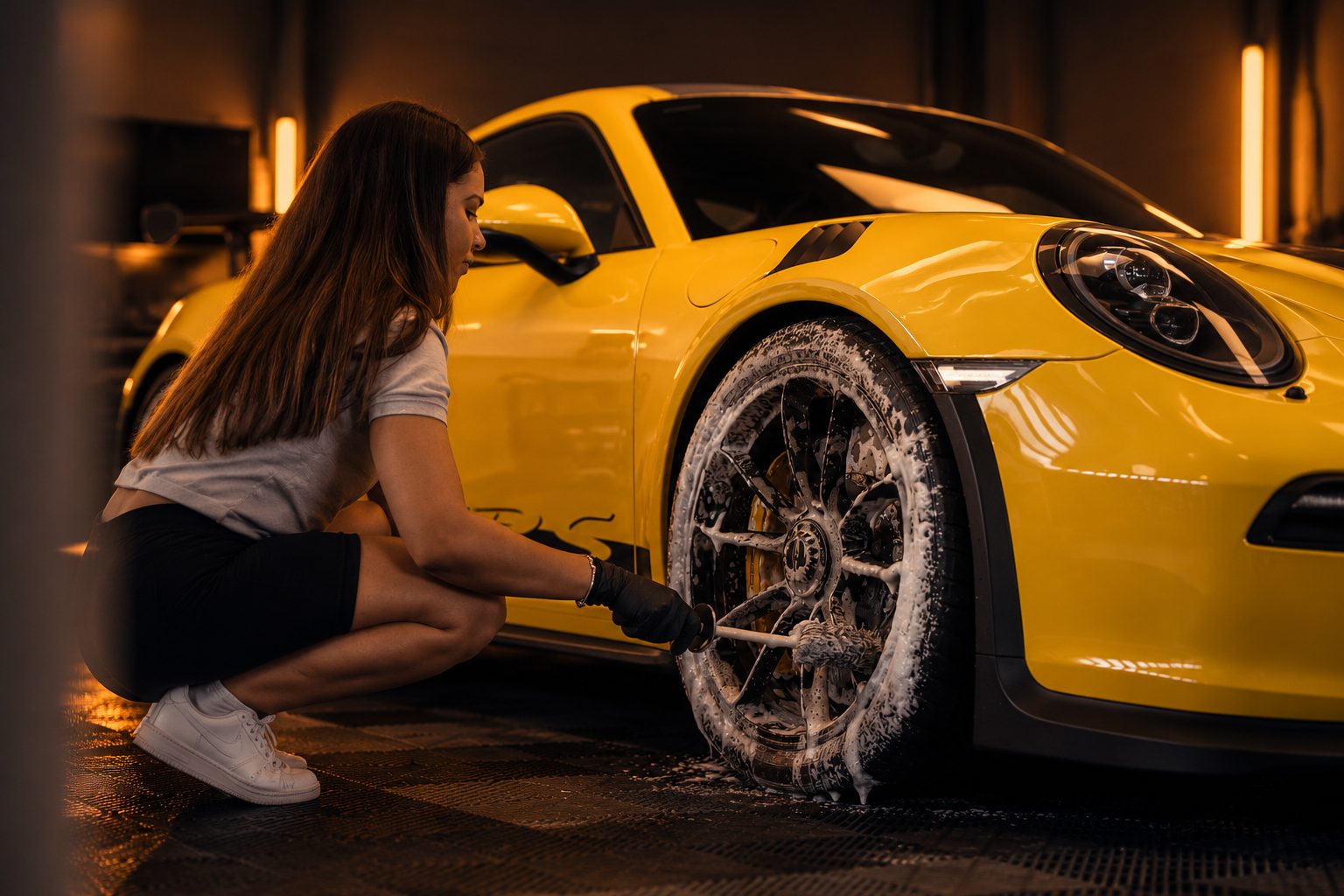 Lavagem detalhada de um automóvel num estúdio profissional